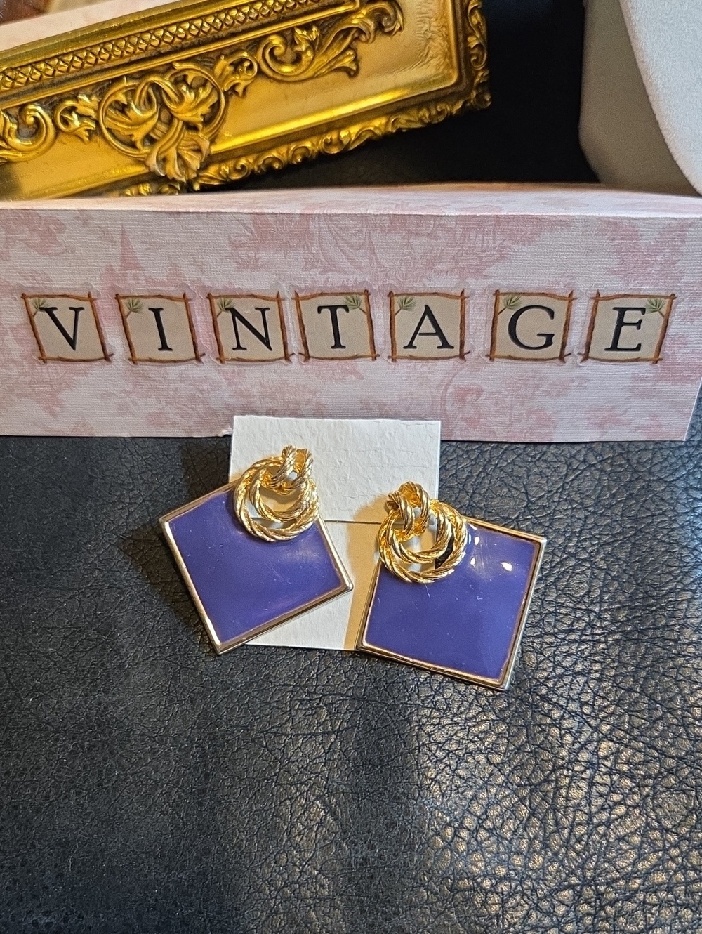 Vintage- Goldtone Rope Purple Enamel Square Earrings